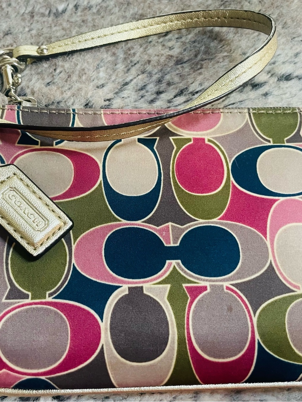 Coach Multicolor Signature Logo Wristlet in Pink, Green, Navy & Cream